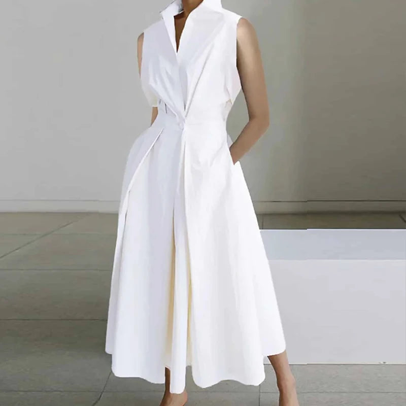 Fashion Casual Turn-down Collar Printed Sleeveless Loose Elegant Slim Fit Midi Dresses