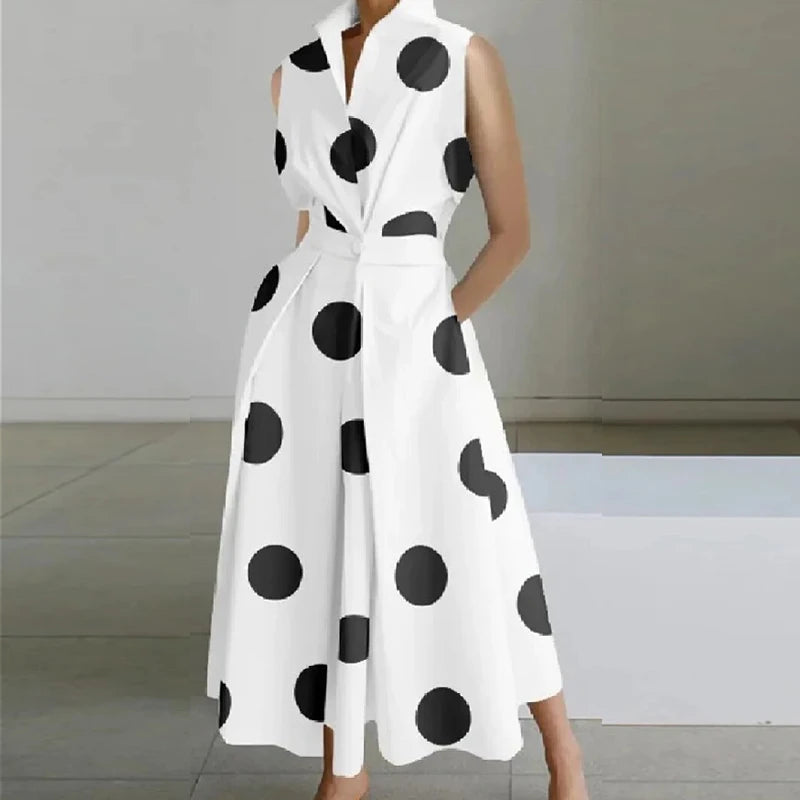 Fashion Casual Turn-down Collar Printed Sleeveless Loose Elegant Slim Fit Midi Dresses