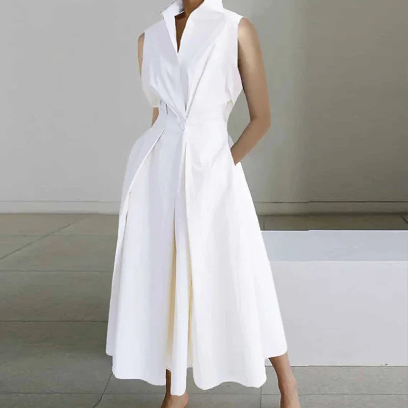 Fashion Casual Turn-down Collar Printed Sleeveless Loose Elegant Slim Fit Midi Dresses