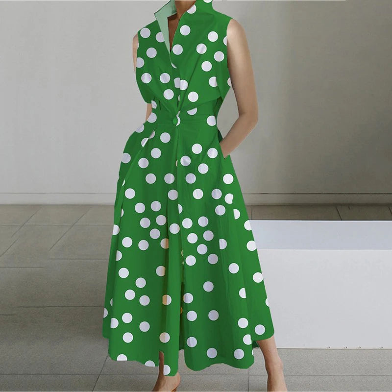 Fashion Casual Turn-down Collar Printed Sleeveless Loose Elegant Slim Fit Midi Dresses