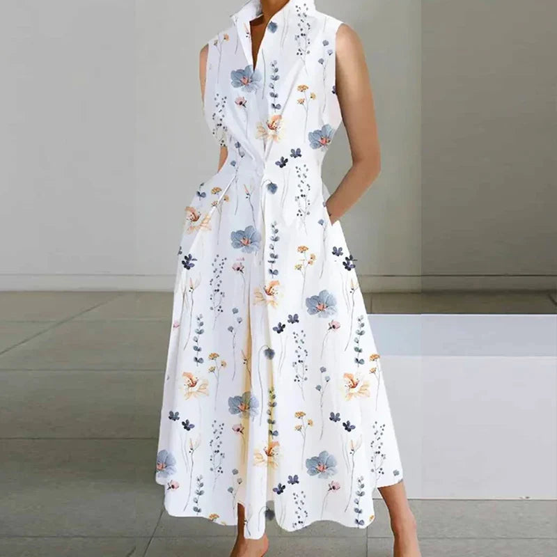 Fashion Casual Turn-down Collar Printed Sleeveless Loose Elegant Slim Fit Midi Dresses