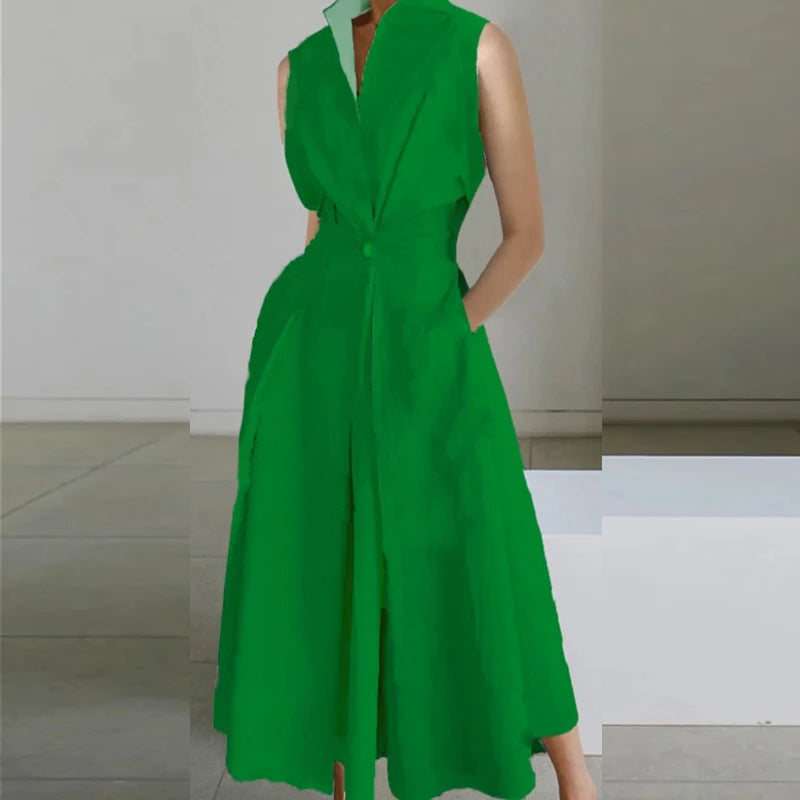 Fashion Casual Turn-down Collar Printed Sleeveless Loose Elegant Slim Fit Midi Dresses