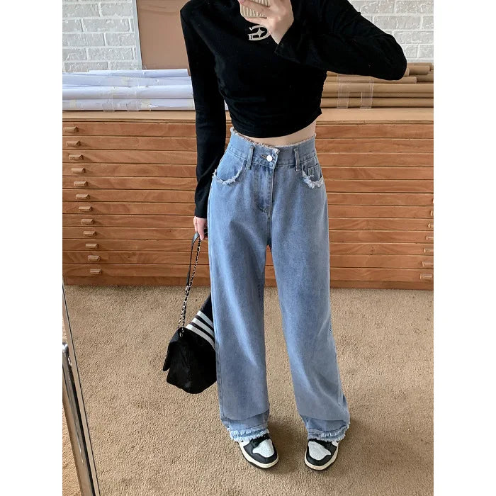 Blue Straight Basic Loose Casual Full-Length Jeans