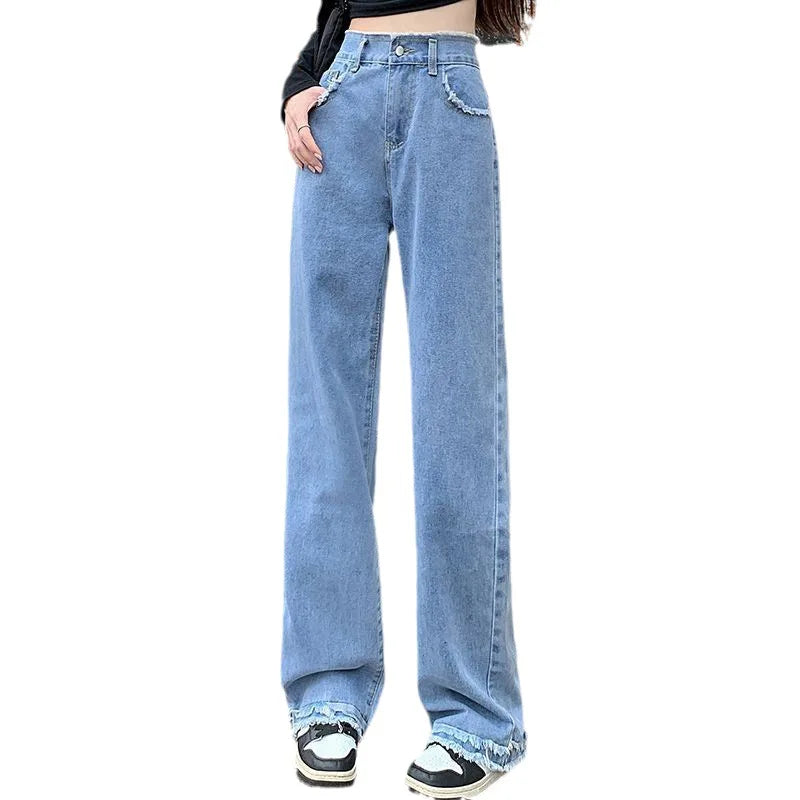 Blue Straight Basic Loose Casual Full-Length Jeans