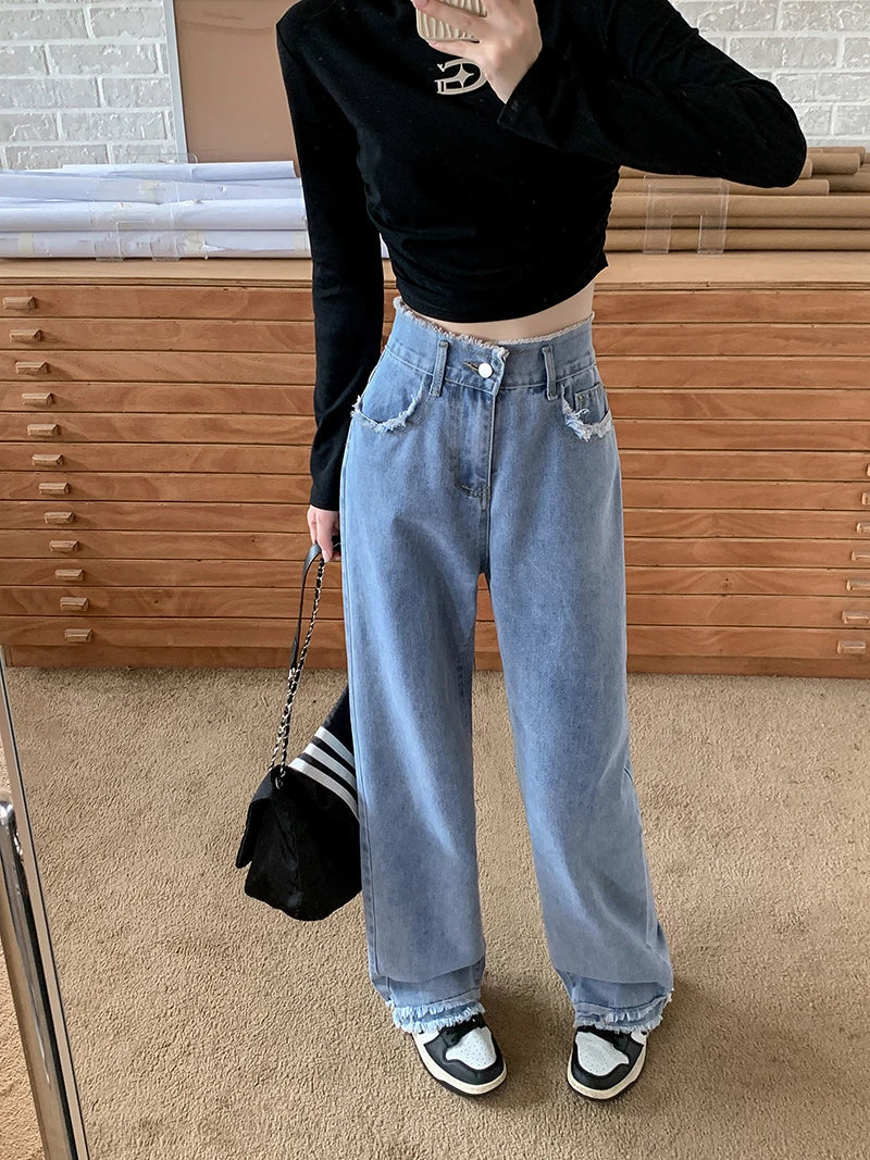 Blue Straight Basic Loose Casual Full-Length Jeans