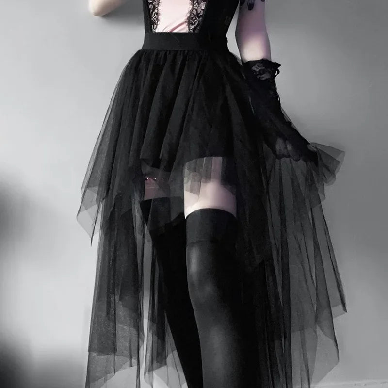 Fashion Net Yarn High-Waisted Irregular for Gothic Style Summer Casual Skirt