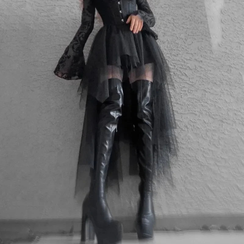 Fashion Net Yarn High-Waisted Irregular for Gothic Style Summer Casual Skirt