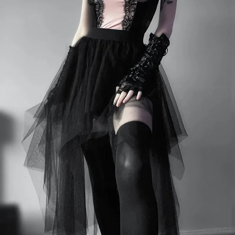 Fashion Net Yarn High-Waisted Irregular for Gothic Style Summer Casual Skirt