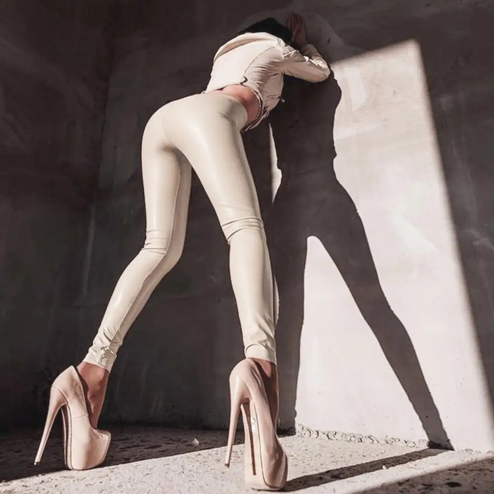 Faux Leather High Waist Solid Full Length Straight Pencil Bodycon Pants