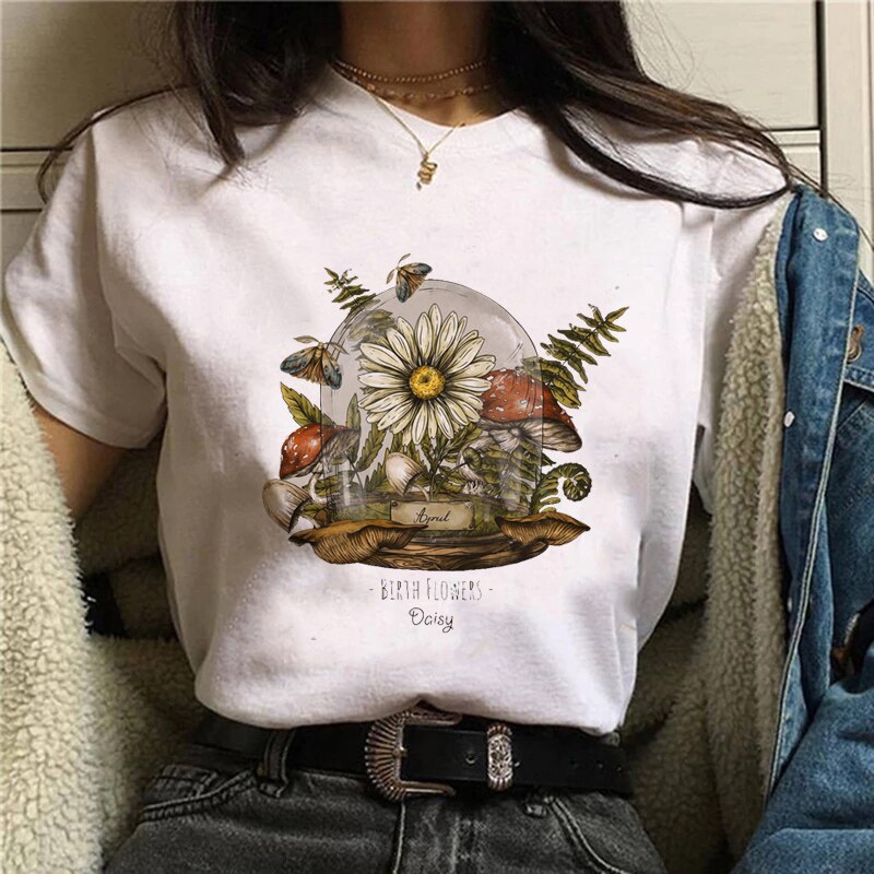 Funny Mushroom Print T-shirt Women's Fashion Versatile Top T-shirt