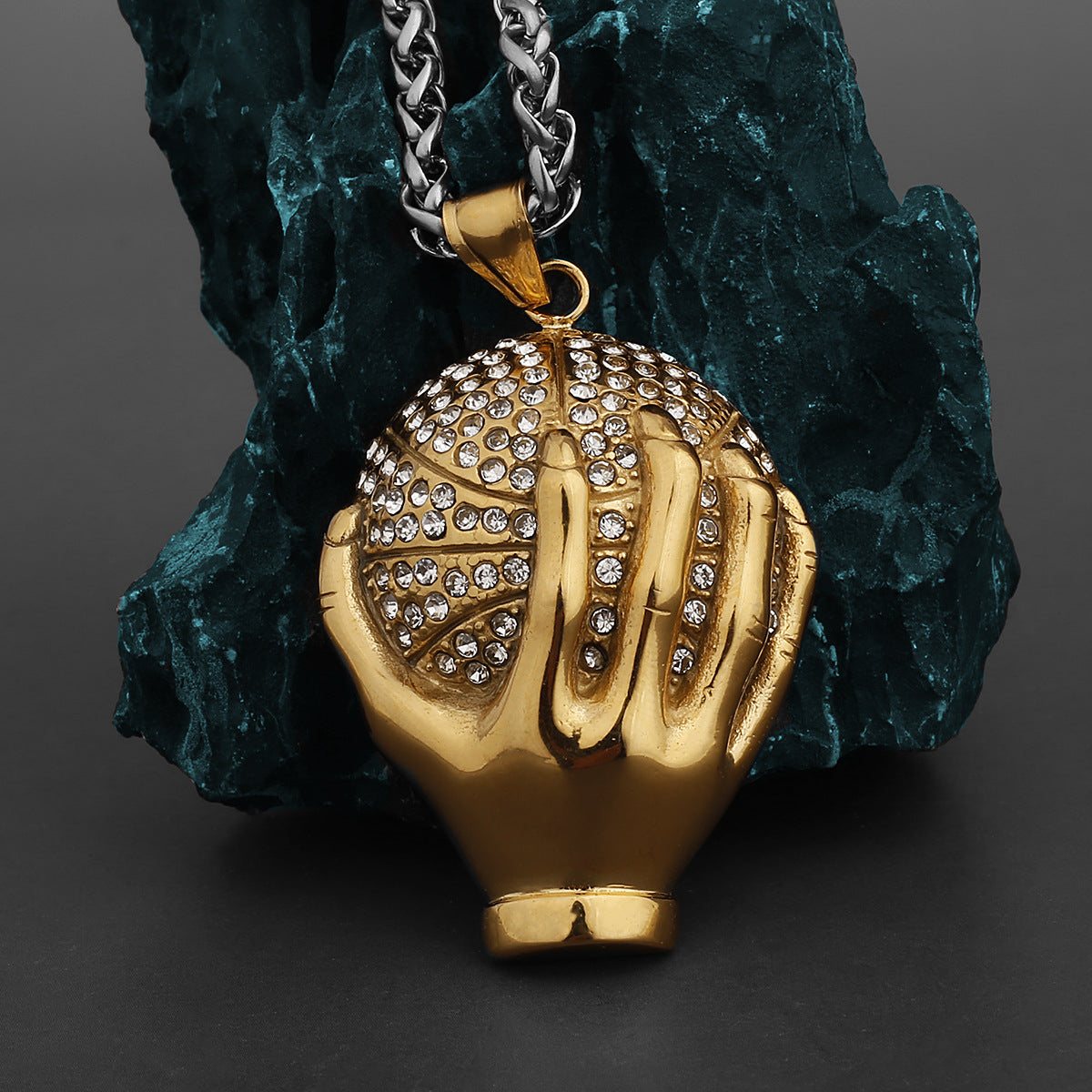 Gold Diamond Ball Holding Hand Necklace