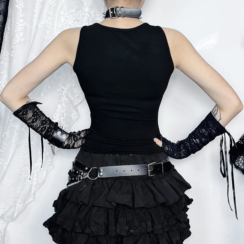 Dark Cut Out Grunge Punk Mall Gothic Splice Lace Techwear Bodycon Crop Top