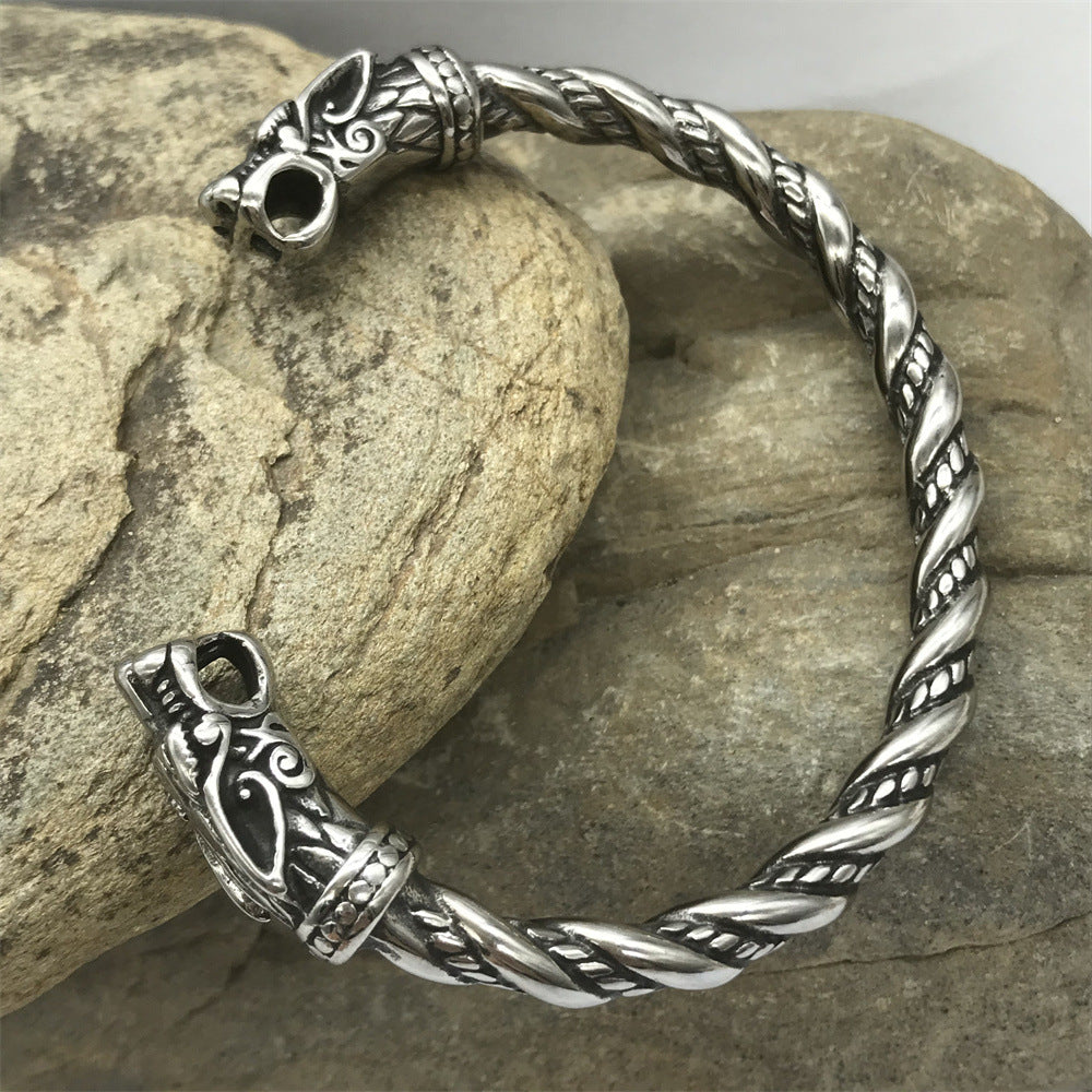 Goth Viking Dragon Heads Steel Braids Cuff Bracelet - L