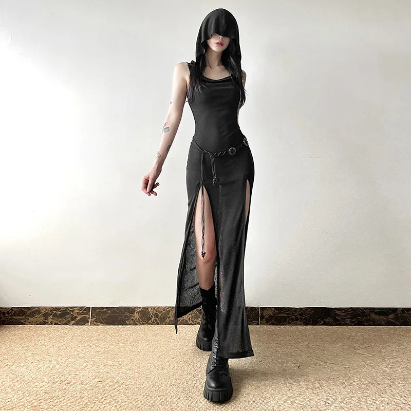 Elegant Gothic Slash Neck Long Sleeve Off Shoulder Summer French Chic Split Slim Stretch Ruffles Dress
