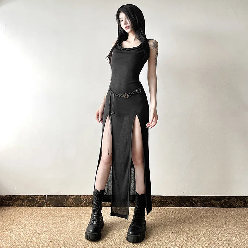 Elegant Gothic Slash Neck Long Sleeve Off Shoulder Summer French Chic Split Slim Stretch Ruffles Dress