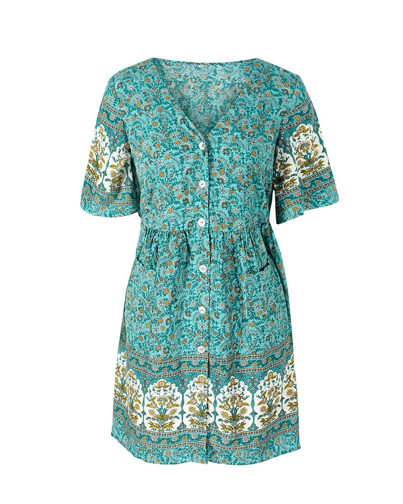 New Floral Print Summer Casual V Neck Bohemian Short Sleeve Dress For Woman