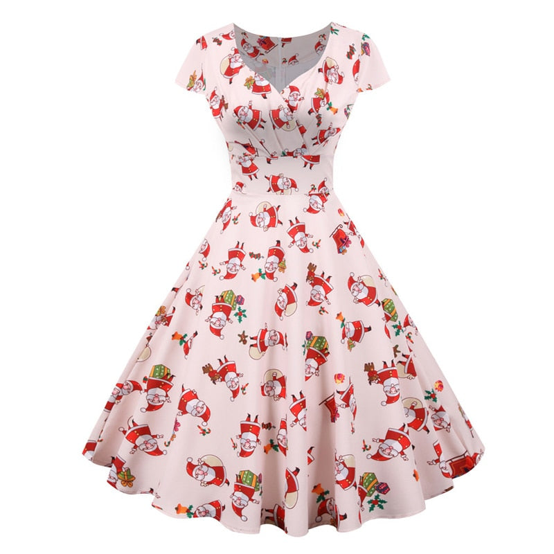 Snowflake Printed Red V-Neck Wrap High Waist Vintage Robe Christmas Dress