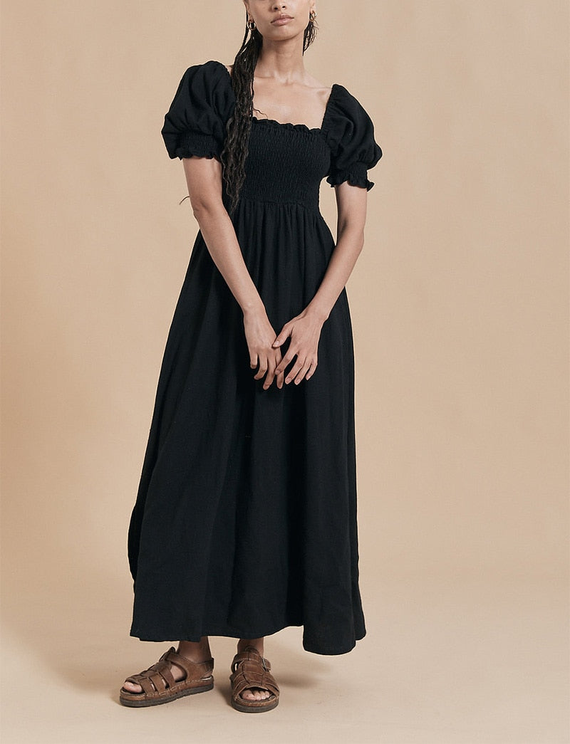 Summer Dresses For Square Neck Smocked Short Puff Sleeve Vacation Beach Style