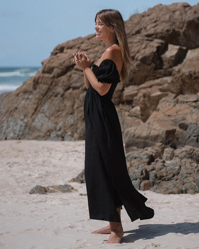 Summer Dresses For Square Neck Smocked Short Puff Sleeve Vacation Beach Style
