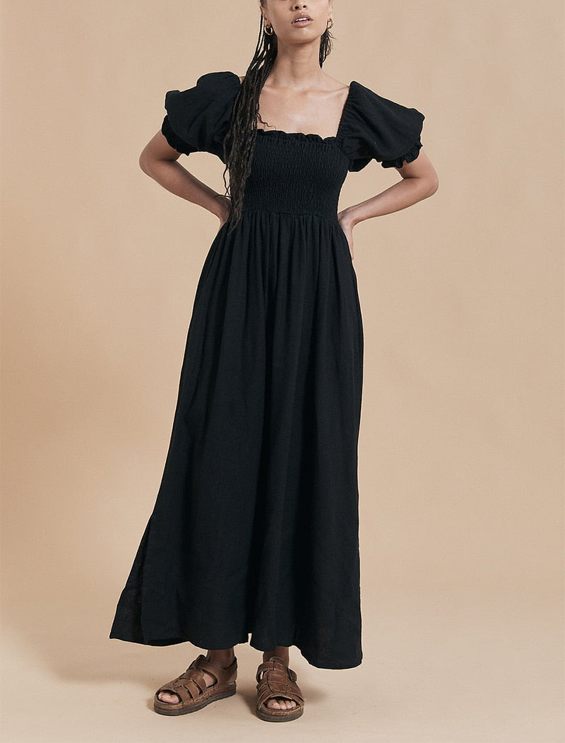 Summer Dresses For Square Neck Smocked Short Puff Sleeve Vacation Beach Style