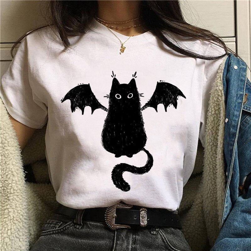 Cute Cartoon Cat Mushroom Print T Shirt