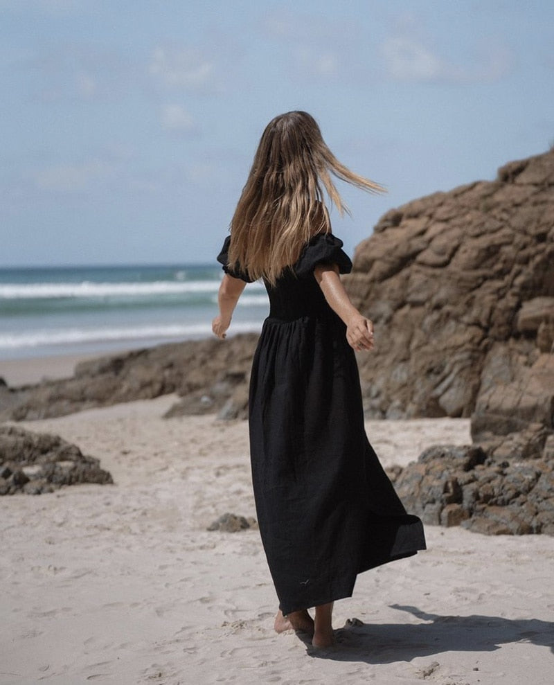 Summer Dresses For Square Neck Smocked Short Puff Sleeve Vacation Beach Style