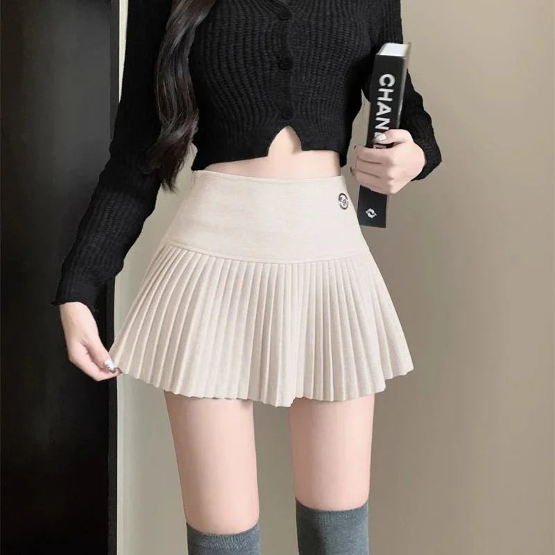 Woolen Pleated Cute High Waist A-line Patchwork Vintage Skirt