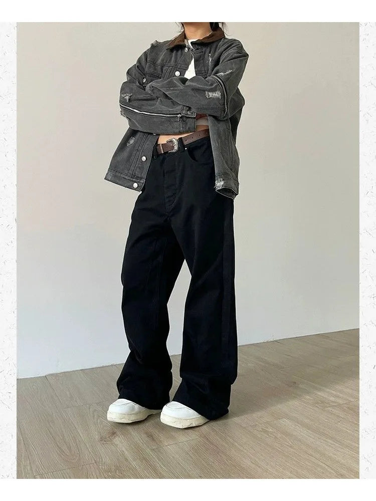 Black Denim Basic Oversize Loose Y2K Vintage Retro Pant
