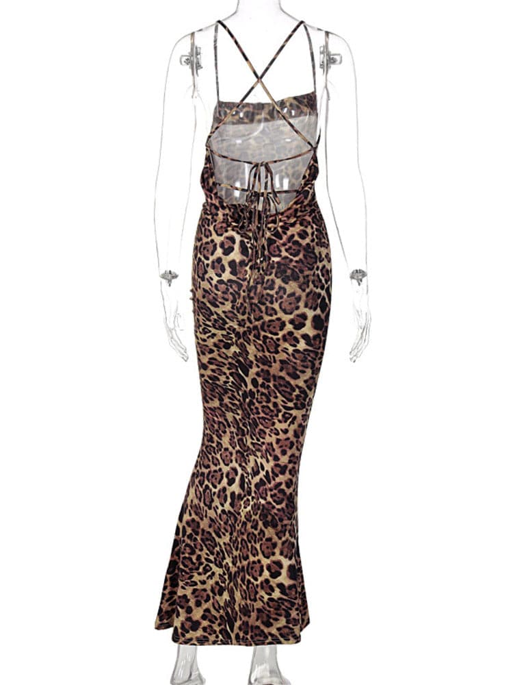 HOVON Backless Cross Bodycon Maxi Long Leopard Dresses