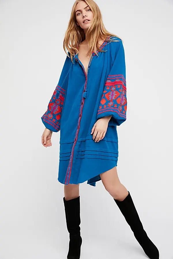 Petra Boho Embroidery Midi Folk Dress