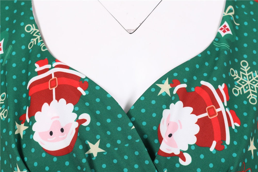 Snowflake Printed Red V-Neck Wrap High Waist Vintage Robe Christmas Dress