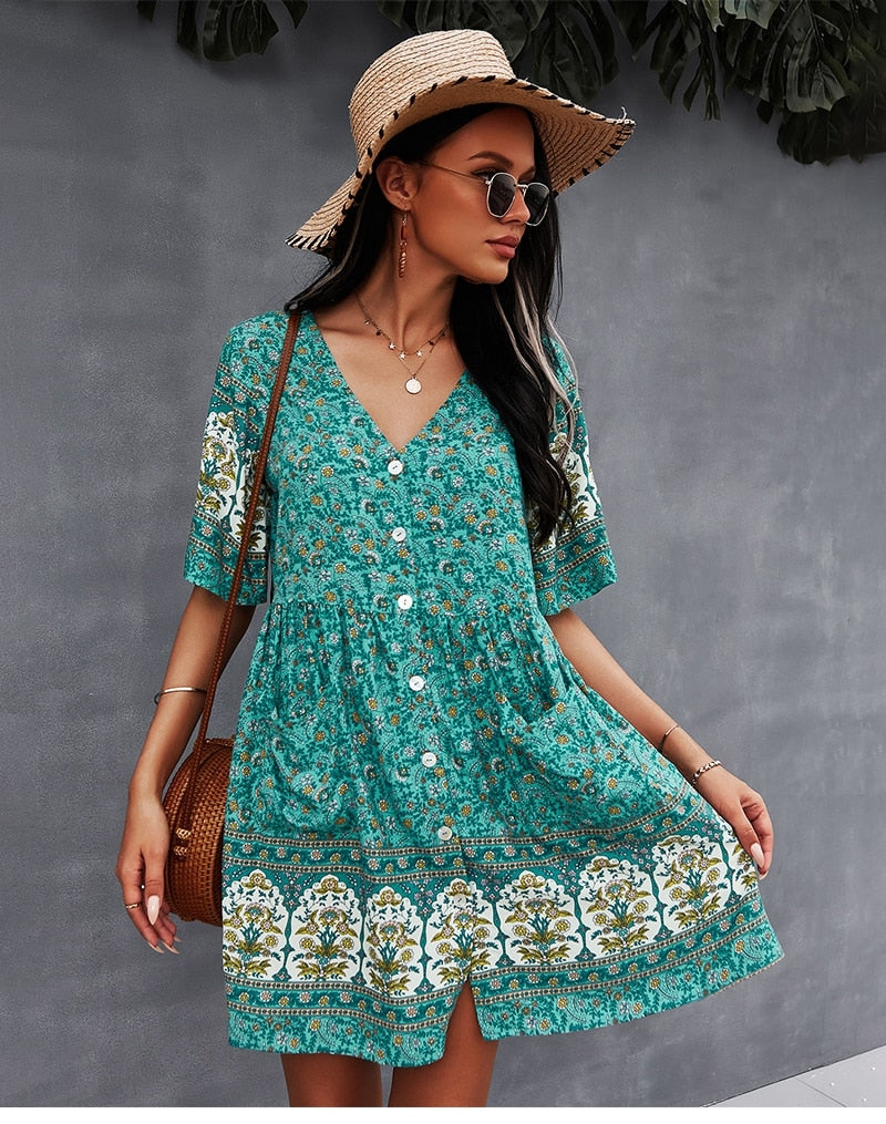 New Floral Print Summer Casual V Neck Bohemian Short Sleeve Dress For Woman