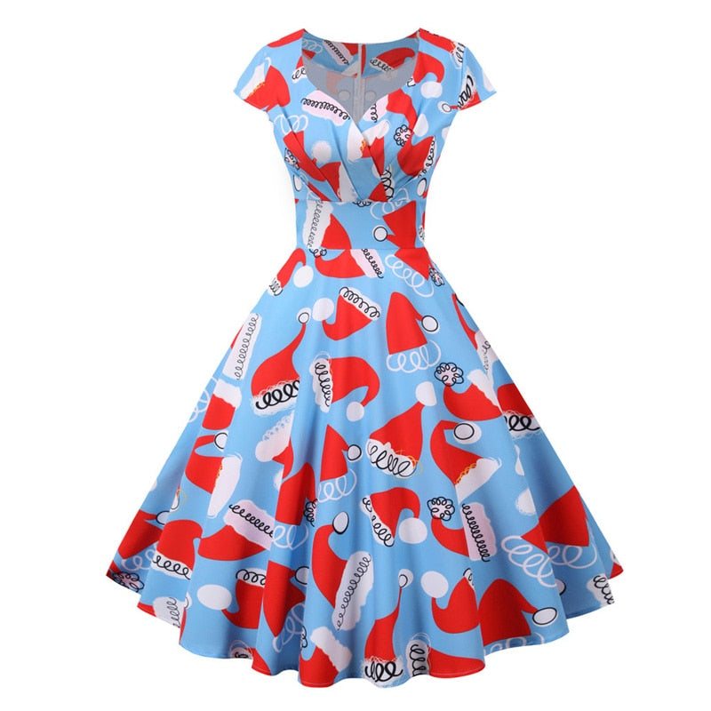 Snowflake Printed Red V-Neck Wrap High Waist Vintage Robe Christmas Dress