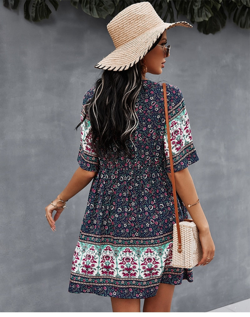 New Floral Print Summer Casual V Neck Bohemian Short Sleeve Dress For Woman