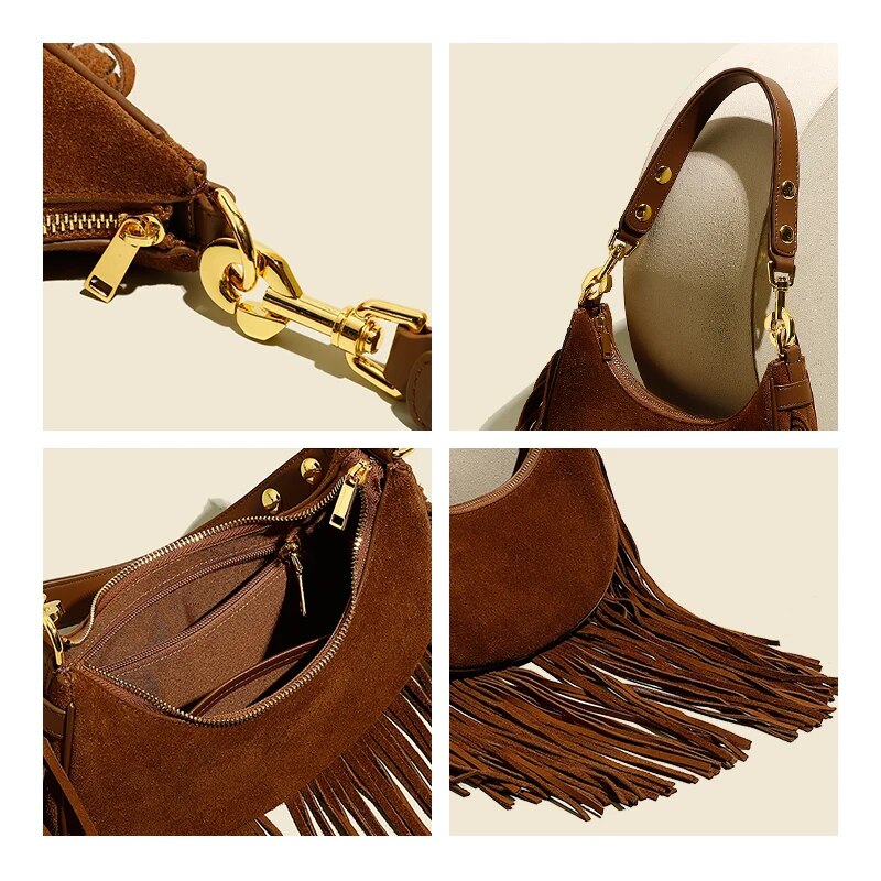 Hemi Tassel Fringed Suede Hobo Bag