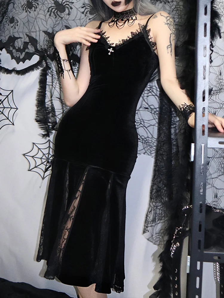 Spaghetti Strap Backless Velvet Gothic Cross Black Lace Patchwork Maxi Dress