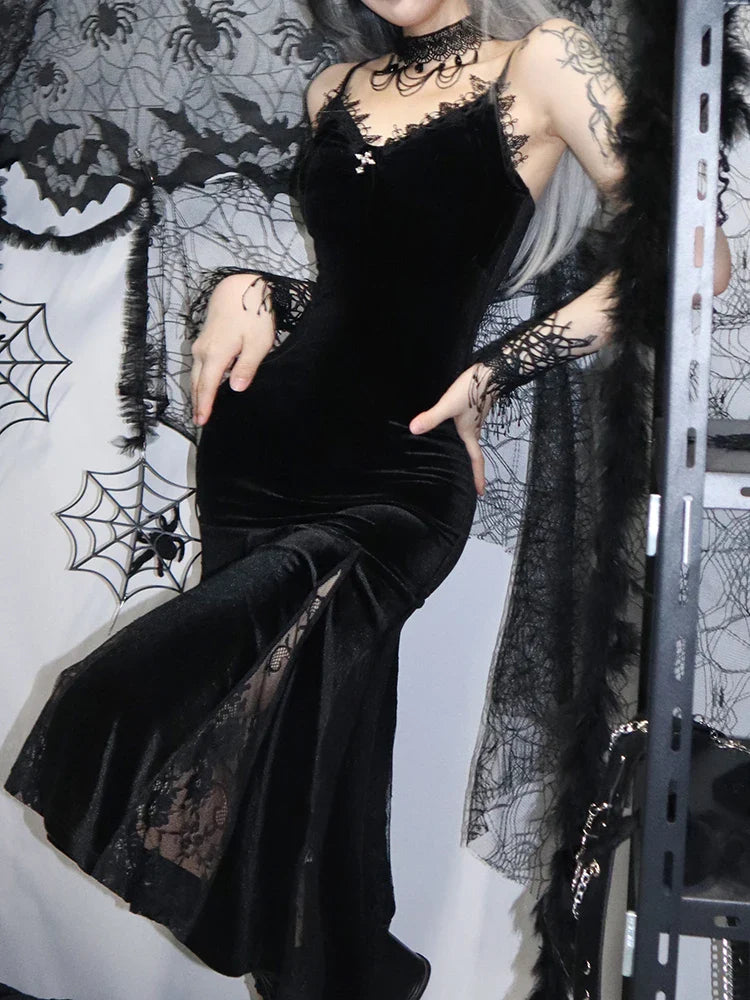 Spaghetti Strap Backless Velvet Gothic Cross Black Lace Patchwork Maxi Dress