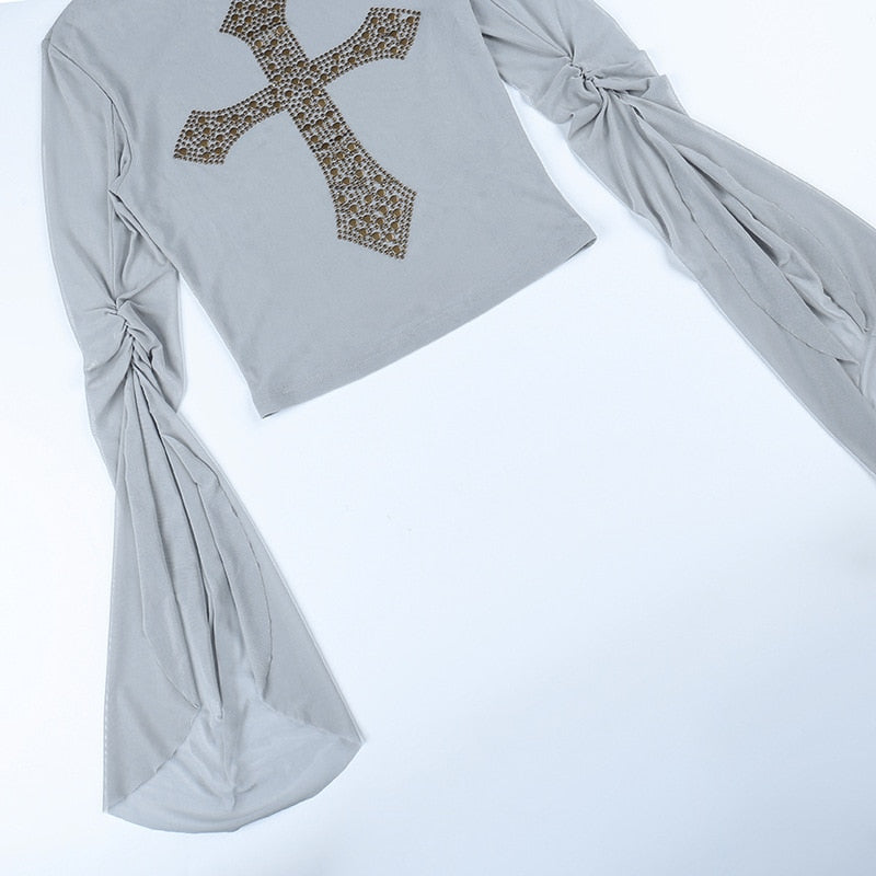 Isolde Gothic Cross Sequin Tissue Crop Top