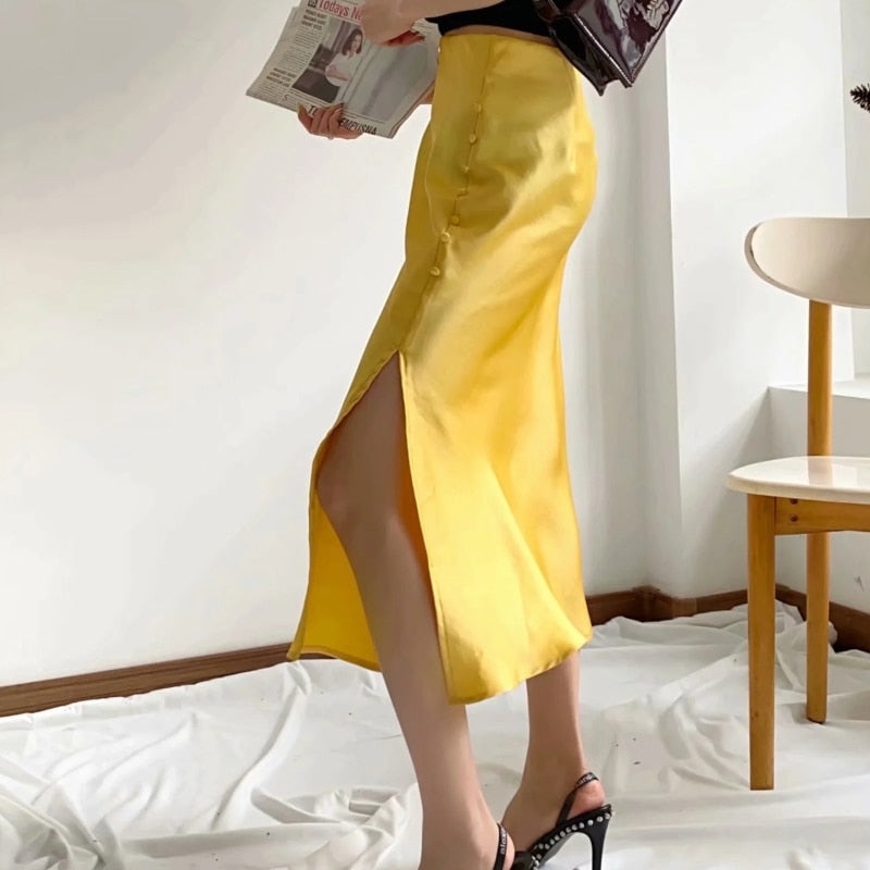 Jayne Satin Side Slit Midi Skirts