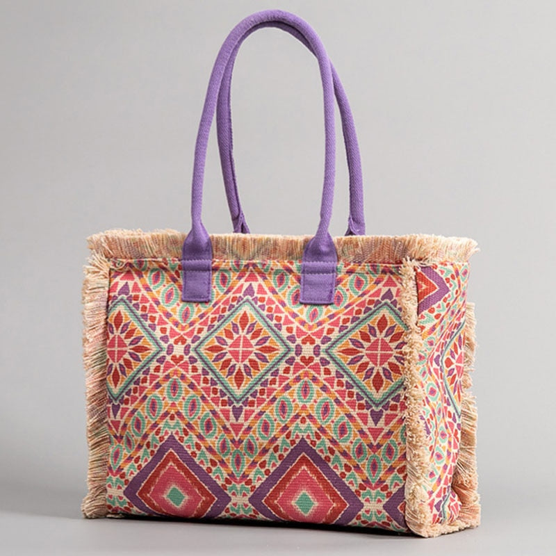 Joslin Retro Print Fringed Canvas Tote Bags - 6 Colors