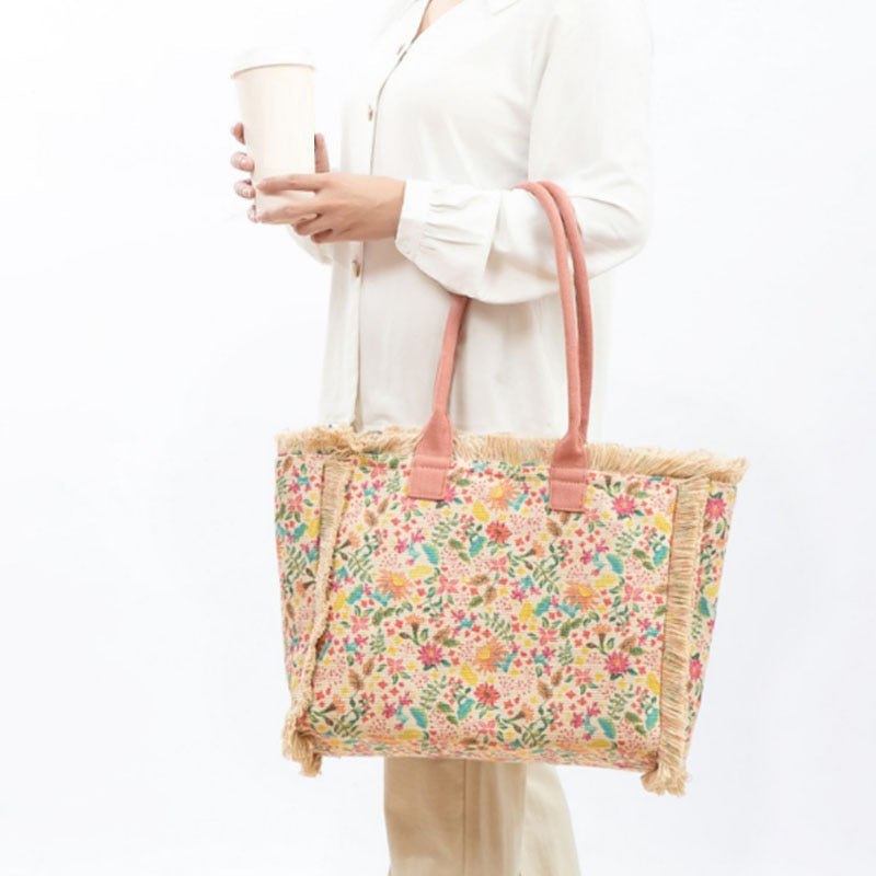 Joslin Retro Print Fringed Canvas Tote Bags - 6 Colors