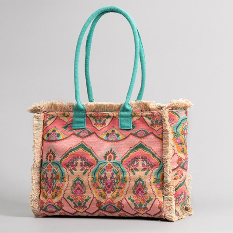 Joslin Retro Print Fringed Canvas Tote Bags - 6 Colors
