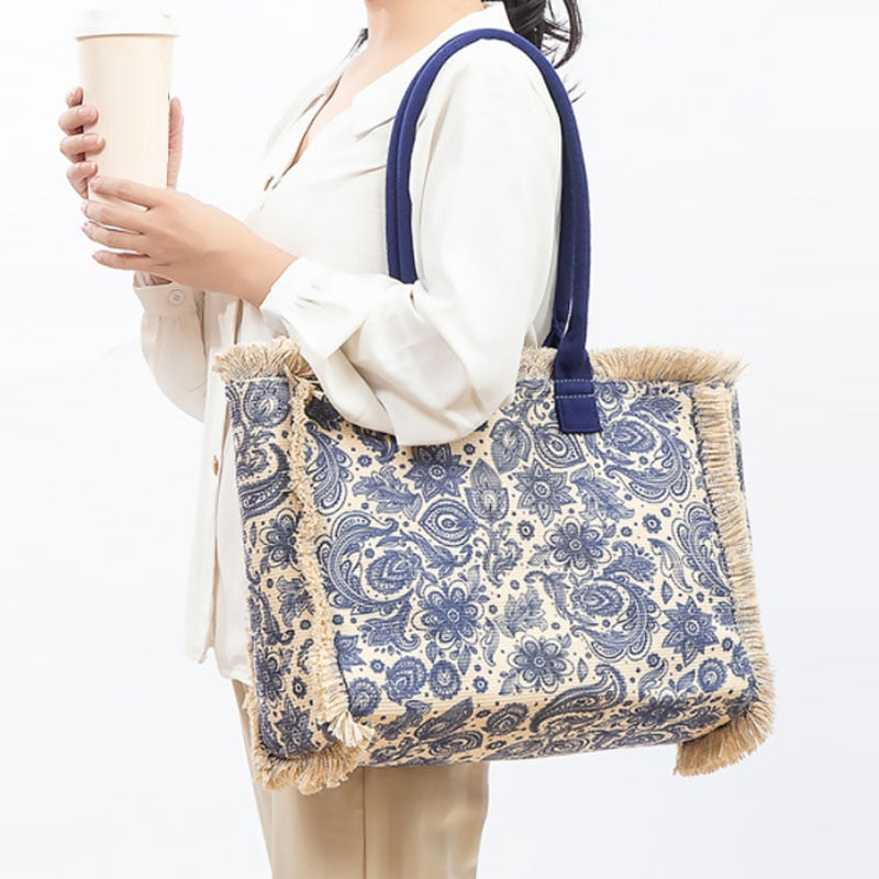 Joslin Retro Print Fringed Canvas Tote Bags - 6 Colors