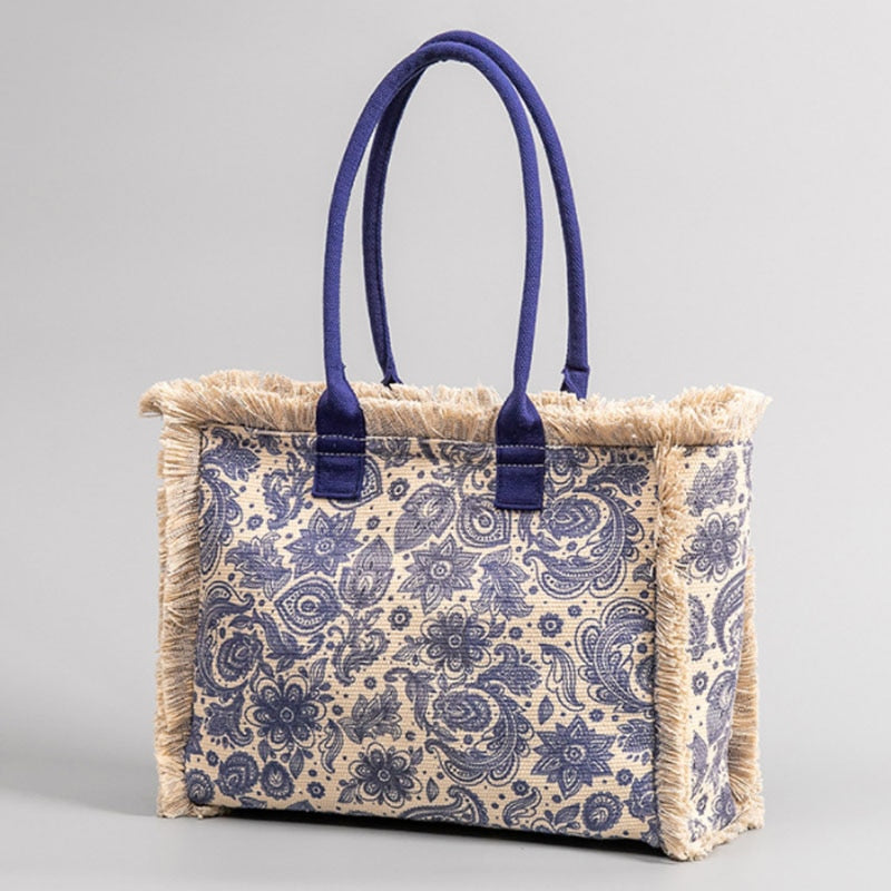 Joslin Retro Print Fringed Canvas Tote Bags - 6 Colors