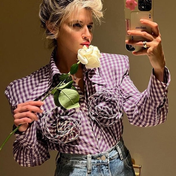 Kaarina Flower Embellished Gingham Shirts Blouses - 4 Colors