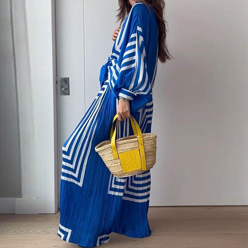 Kemala Blue Stripe Prints Top and Pants 2 Pieces Set