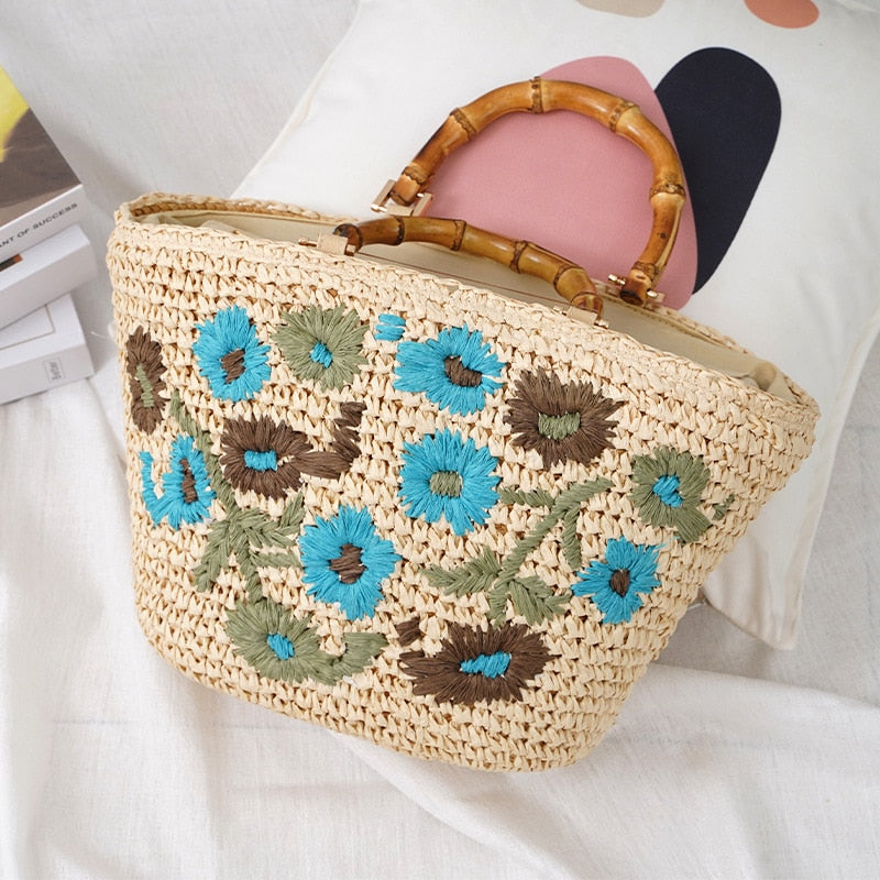 Lavinia Floral Embroidery Straw Baskets - 3 Colors