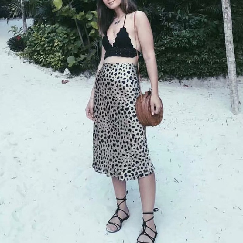Leopard/Floral Print Satin Midi Skirts