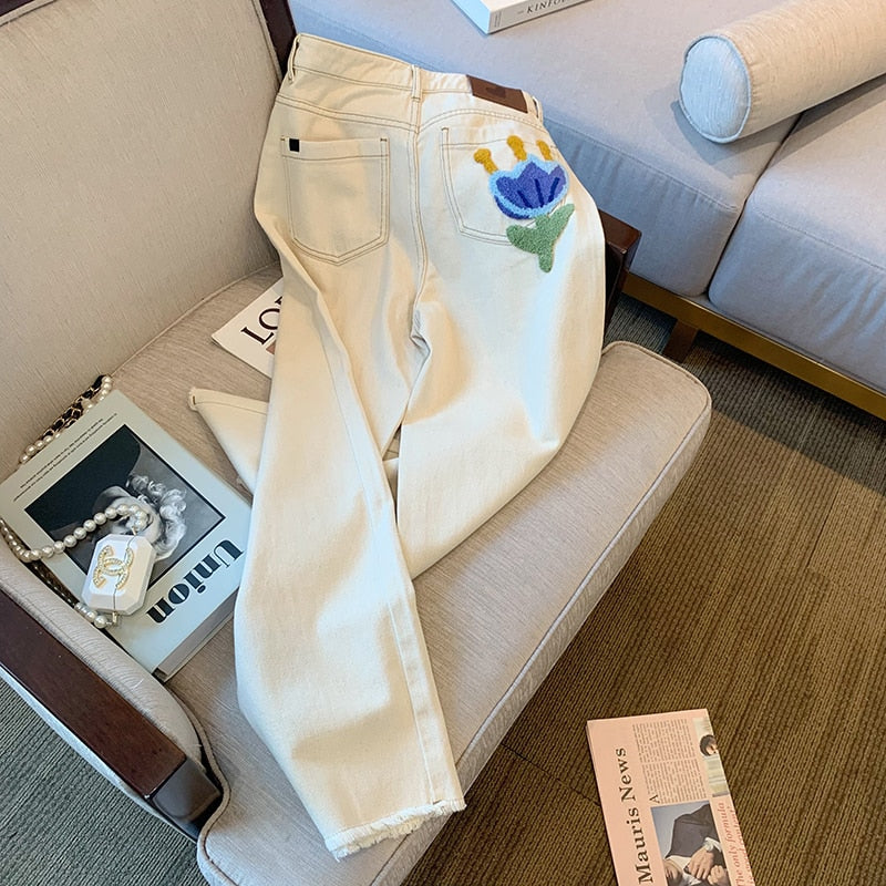 Lidia Flower Embroidery Off-White Jeans
