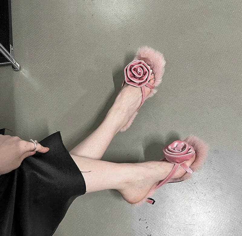 Liekki Velvet Rose Furry Pumps